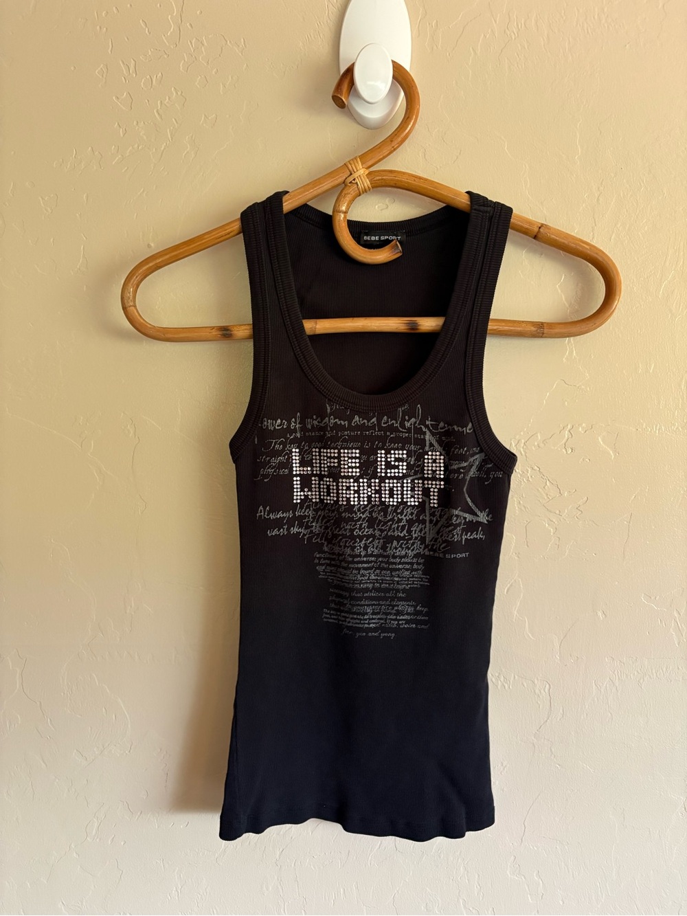 Y2K 2000s Bebe Sport Bedazzled Embellished Life Is A Workout Black Tank Top S